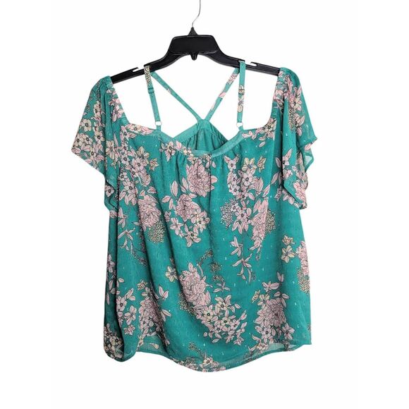Torrid green & pink floral metallic swiss dot cold shoulder strappy neck top 2X - Picture 4 of 7